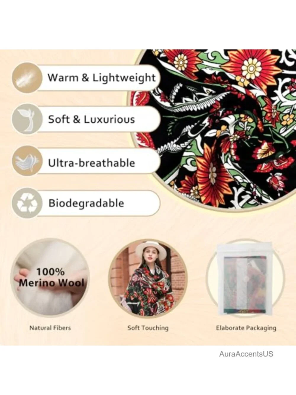 100% Merino Wool Oversized Pashmina Shawl Wrap Women Travel Gift